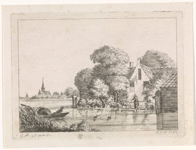 Lystfisker og en kvinde foran et hus af A. van de Velde