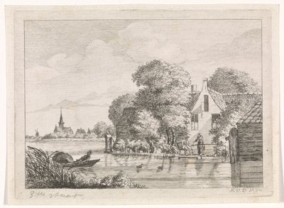 Lystfisker og en kvinde foran et hus af A. van de Velde