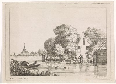 Lystfisker og en kvinde foran et hus af A. van de Velde