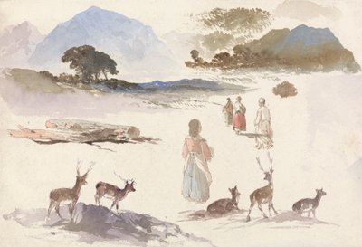 Ark med undersøgelser af hjorte, figurer og landskab af Aaron Edwin Penley