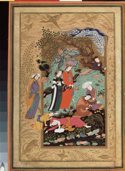 Persisk kunst: adelens festscene, en af ​​gæsterne ligger fuld og bevidstløs. Miniature i gouache og guld af Riza Abbasi (Aqa Reza Reza-e 