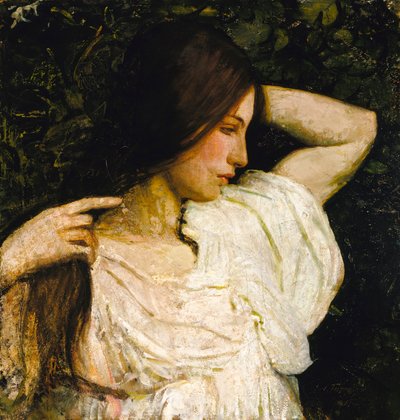 Pige ordner sit hår af Abbott Handerson Thayer