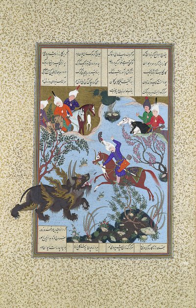 Bahram Gur Slays the Rhino-Wolf, Folio 586r fra Shahnama Book of Kings..., ca. 1530-35. af 