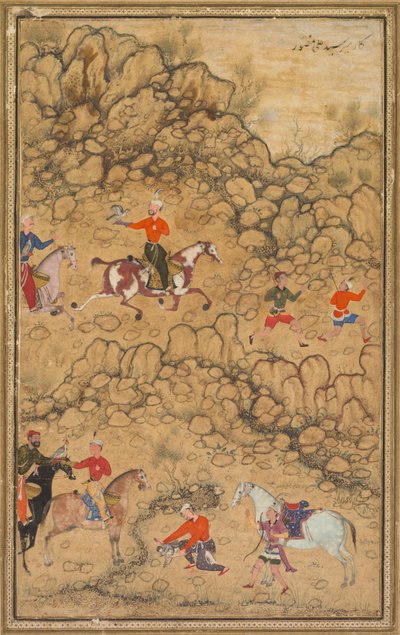 Jagt med falke i et landskab, Verso: Kalligrafi af Chaghatai tyrkiske digte..., ca. 1558-60. af Abd al Samad