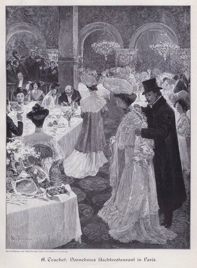 Aften i en elegant restaurant i Paris (gravering) af Abel Truchet
