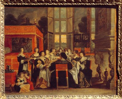 Samtale med damer i deres mænds fravær: Middagsmaleri af Abraham Bosse (1602-1676) Egouen fra det 17. århundrede. National Renaissance Museum af Abraham (after) Bosse
