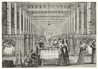 Hospitalet i Hopital de la Charite i Paris (gravering) af Abraham (after) Bosse