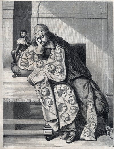 Manden fyldt med ondskab: en mand med en dobbelt frakke af kvindehoveder mediterer med en abe ved siden af. Gengivelse af et tryk af Abraham Bosse (1604-1676). af Abraham (after) Bosse