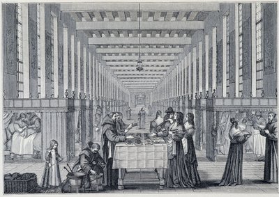 Indvendigt billede af hospitalet i Hôital de la Charite (også kaldet hospitalet for Freres-de-Saint-Jean-de-Dieu), i Paris - Engraving d