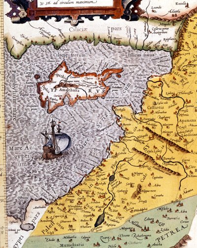 Historisk geografisk kort over Palæstina ifølge Atlas of Abraham Ortelius, Amsterdam af Abraham (after) Ortelius