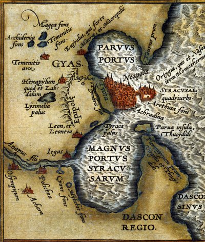 Den gamle havn i Syracusa på Sicilien efter Abraham Ortelius