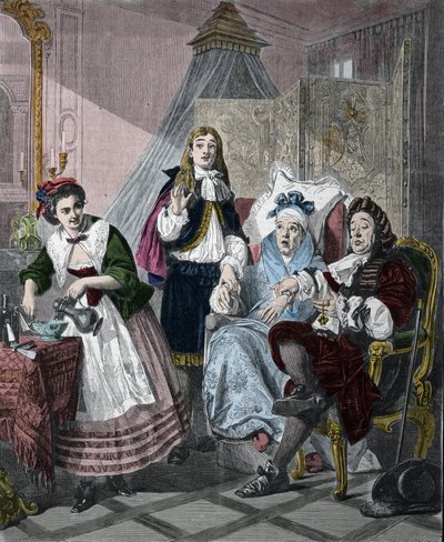 "Le Malade imaginaire" af Jean-Baptiste Poquelin kaldet Moliere (1622-1673): scene 9, akt II. Gravering efter maleriet af Abraham Solomon (1824-1862) fra 1861. af Abraham (after) Solomon