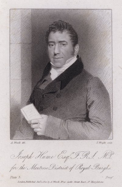 Joseph Hume, skotsk læge, politiker og radikal MP (gravering) af Abraham (after) Wivell