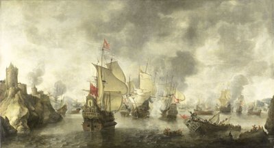 Slaget mellem de kombinerede venetianske og hollandske flåder mod tyrkerne i Foya-bugten, 1649 af Abraham Beerstraten