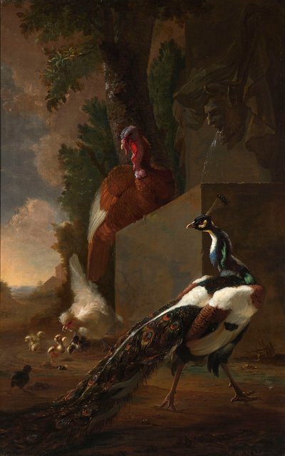 En påfugl, kalkun og kylling med sine kyllinger ved siden af en klassisk springvand i et landskab af Abraham Bisschop