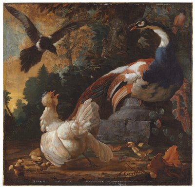 En påfugl, fjerkræ og en skate i et landskab, 1720 af Abraham Bisschop