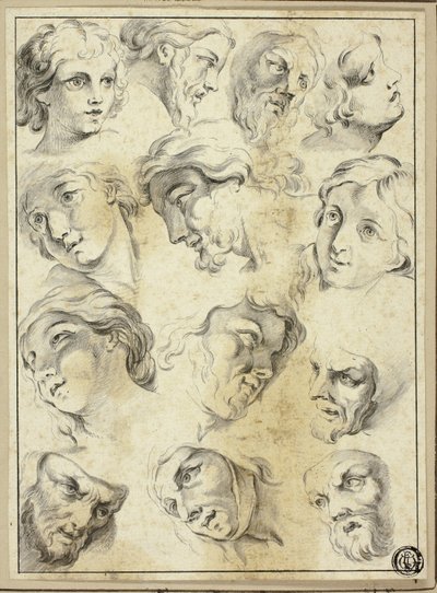 13 skitser af forskellige ansigter af Abraham Bloemaert