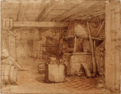 Interiør af en smedje eller bødkeri af Abraham Bloemaert