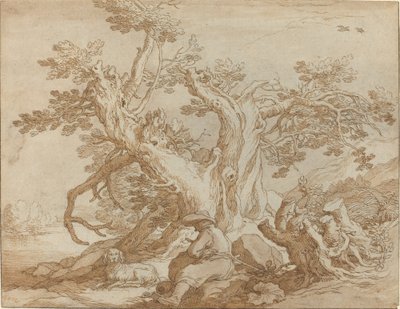 Landskab med siddende figur og hund af Abraham Bloemaert