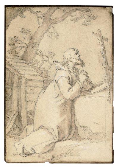 Sankt Paul af Phermae knæler i bøn foran et krucifiks (sort kridt, pen og brunt blæk, brun vask) af Abraham Bloemaert