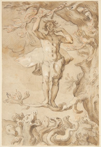 Menneskelig lykkes skrøbelighed. En mand forfulgt af en drage klamrer sig til et træ og slikker honning fra sine fingre af Abraham Bloemaert