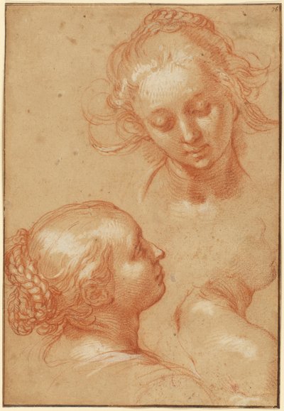 Tre studier af kvinder (recto); fire studier af hænder og et modbillede af en knælende ung mand (verso) af Abraham Bloemaert