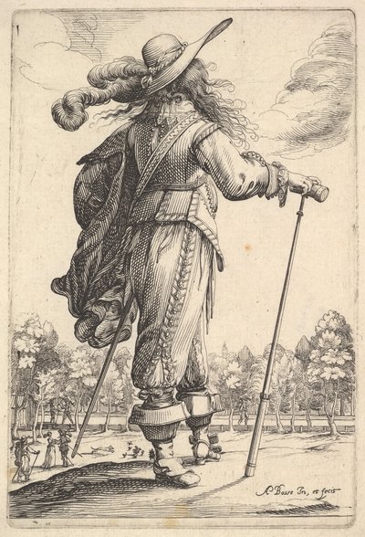 En herre, set bagfra, gående mod højre med en stok og iført en plymer..., 1629. af Abraham Bosse