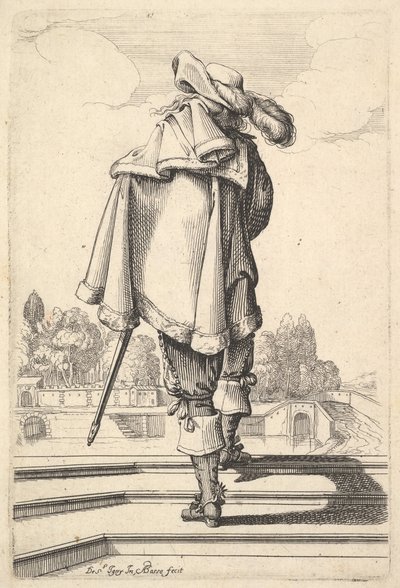 En herre, set bagfra, gående op ad en brystning, med en kappe over venstre skulder..., 1629. af Abraham Bosse