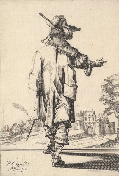 En herre, set bagfra, med højre arm udstrakt og en kappe over venstre s..., 1629. af Abraham Bosse