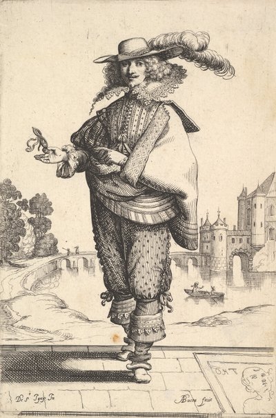 En herre stående foran et stort slot og iført en plymerhat og en blondekrave..., 1629. af Abraham Bosse
