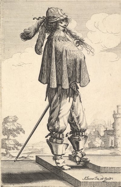 En herre iført en kort frakke, en hjelm og støvler med sporer, stående på trappen og..., 1629. af Abraham Bosse