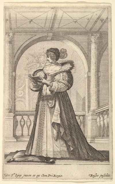 En kvinde stående, vendt mod venstre i profil, iført hat og blondekrave, læser..., ca. 1629. af Abraham Bosse