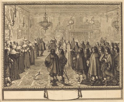 Ceremoni for ægteskabskontrakten mellem Vladislas IV, konge af Polen, og LouiseMarie af Gonzaga, prinsesse af Mantua, i Fontainbleau af Abraham Bosse