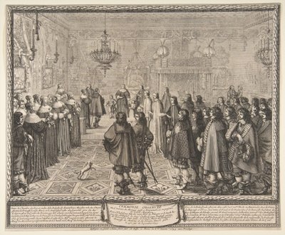Ceremoni for ægteskabskontrakten mellem Władysław 4., konge af Polen, og Marie Louise Gonzaga, prinsesse af Mantua, i Fontainebleau af Abraham Bosse