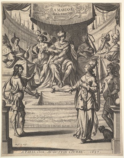 Frontispice for Tristan LHermite: Marianne stående til højre foran Herodes og hans kur..., 1637. af Abraham Bosse