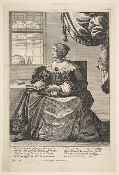 Siddende kvinde holder en bog og synger, midten til slutningen af det 17. århundrede. af Abraham Bosse