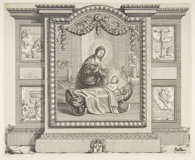 Fødselen med scener af bebudelsen, hyrdernes tilbedelse, korsfæstelsen..., 1620-76. af Abraham Bosse