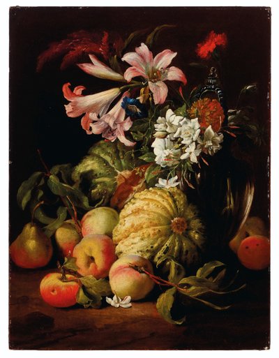 Liljer og andre blomster i en glasvase med ferskner og meloner af Abraham Brueghel