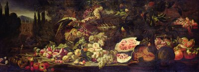 Stilleben af frugt med en grøn papegøje og en sølvvase af Abraham Brueghel
