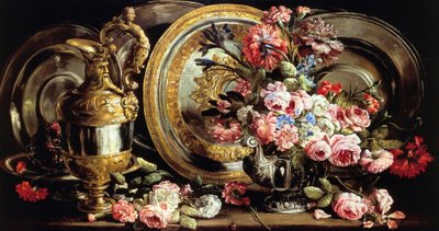 Stilleben med sølv og blomster, af Abraham Brueghel (1631-1697), olie på panel af Abraham Brueghel