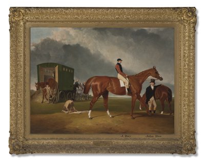 Portræt af Lord George Bentincks Horse Elis med rytter, John Day, og træner, John Doe, Doncaster, 1836 af Abraham Cooper
