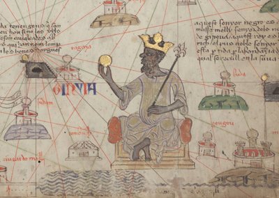 Detalje fra det catalanske atlas, ark 6, der viser Mansa Musa på tronen, 1375 af Abraham Cresques