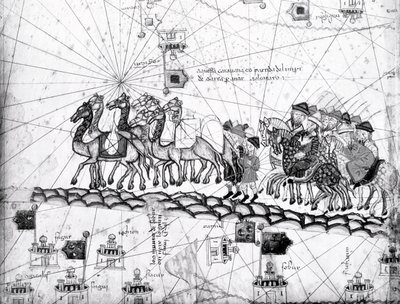 Ms Esp 20 panel 4, Købmænd på vej til Cathay, Kina, i Marco Polos fodspor, detalje med Marco Polos familie, der rejser med kamelkaravane, fra Catalan Atlas udgivet for Charl af Abraham Cresques