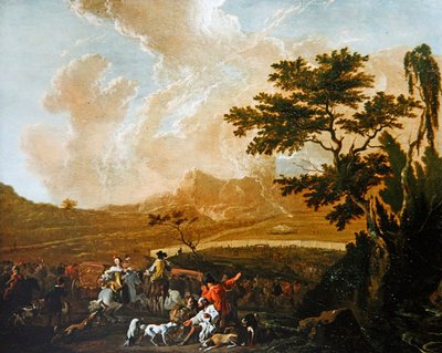 En jagtfest (olie på panel) af Abraham Danielsz. Hondius