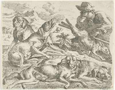 Fire hunde, en jæger og en hare af Abraham Danielsz. Hondius