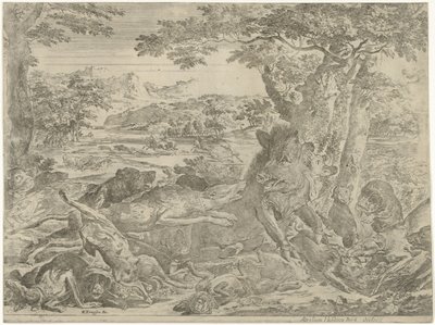 Vildsvin angrebet af hunde af Abraham Danielsz. Hondius