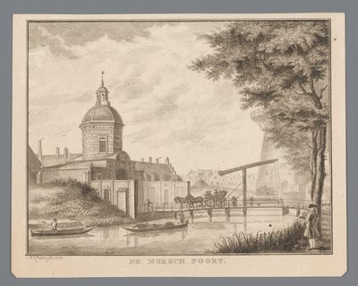 Udsigt over Morspoort i Leiden Morsch-porten (titel på objekt) af Abraham Delfos