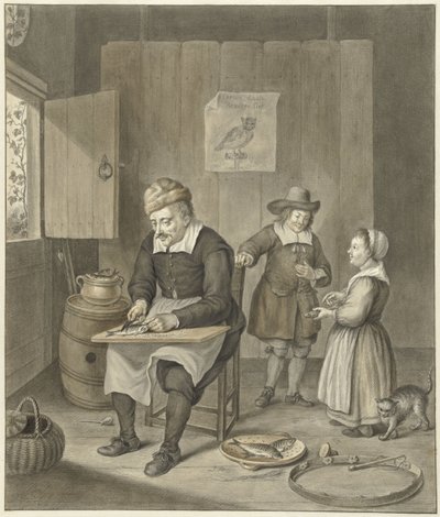 Interiør med en mand der renser fisk og to børn af Abraham Delfos