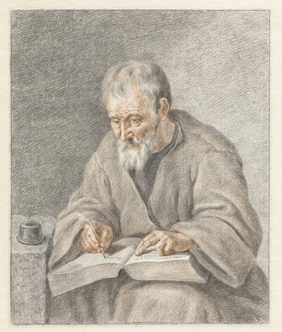 Gammel mand skriver i bog af Abraham Delfos