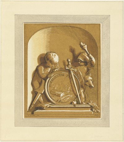 Putti stående ved medaljon med grav, i niche af Abraham Delfos